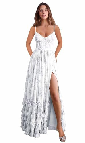 Floral Corset Long Prom Dress White for Women Chiffon Spaghetti Strap Western Wedding Guest Gown Tiered Ruched Sleeveless Formal Gown with Slit Plus Size US16W | Amazon (US)