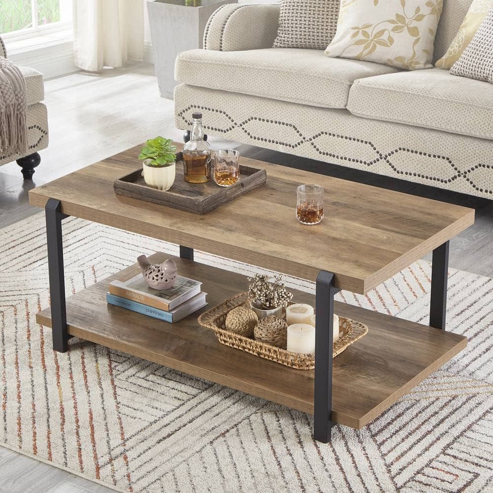 FOLUBAN Industrial Coffee Table with Shelf, Wood and Metal Rustic Cocktail Table for Living Room,... | Amazon (US)