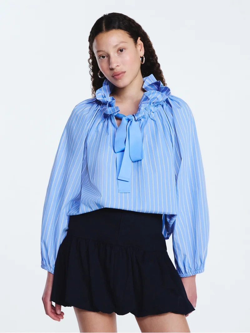 Free Assembly Women's Ruffle Tie Neck Cotton Top with Long Puff Sleeves, Sizes XS-XXL | Walmart (US)