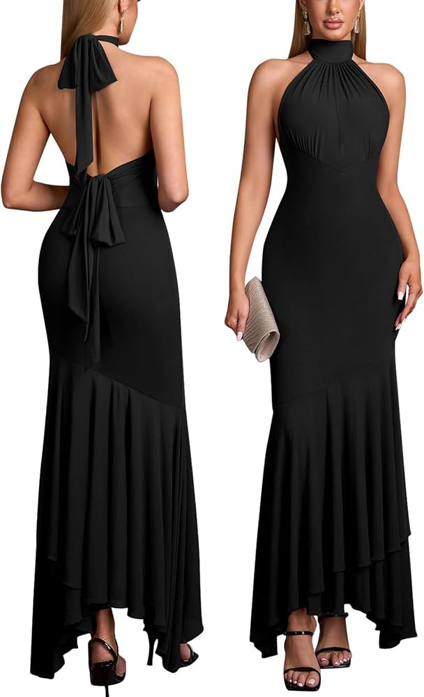 Formal Wedding Guest Halter Tie Bodycon Maxi Dress for Women | Amazon (US)