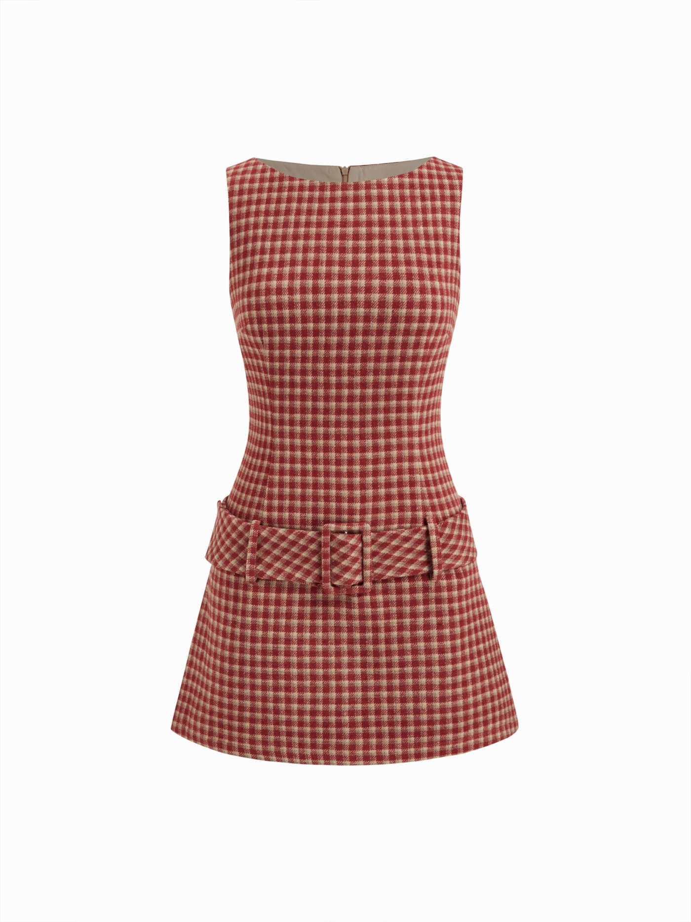Woven Boat Neck Houndstooth Belted Mini Dress For Daily Casual Date | Cider
