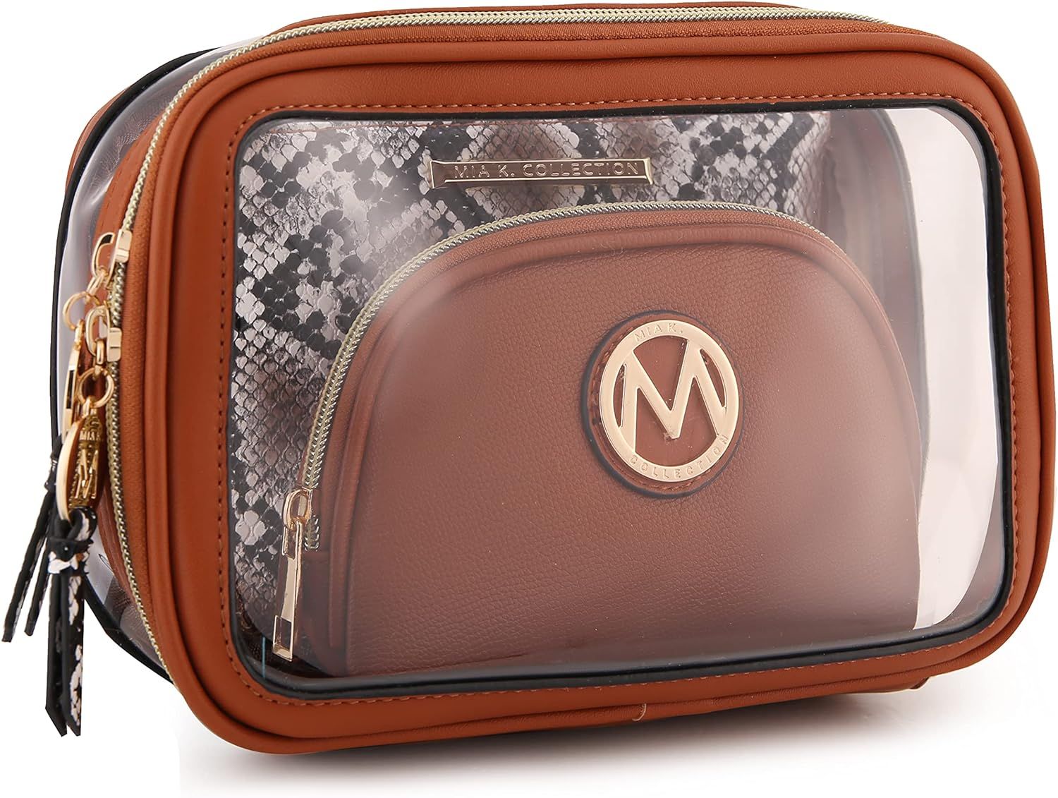 MKF 3PCS Stylish Cosmetic Bag Portable Makeup Travel Organizer Case With 7 Makeup Brushes | Amazon (US)