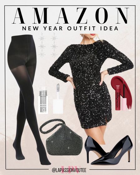 Embrace the glam with a sequin bodycon dress paired flawlessly with black tights. Sparkle with glitter eyeshadow, rock a bold matte lipstick, and elevate your stride in stiletto pumps. Add a cosmic touch with star earrings, ensuring your style shines as bright as the festivities this New Year.

#LTKHoliday #LTKstyletip #LTKSeasonal