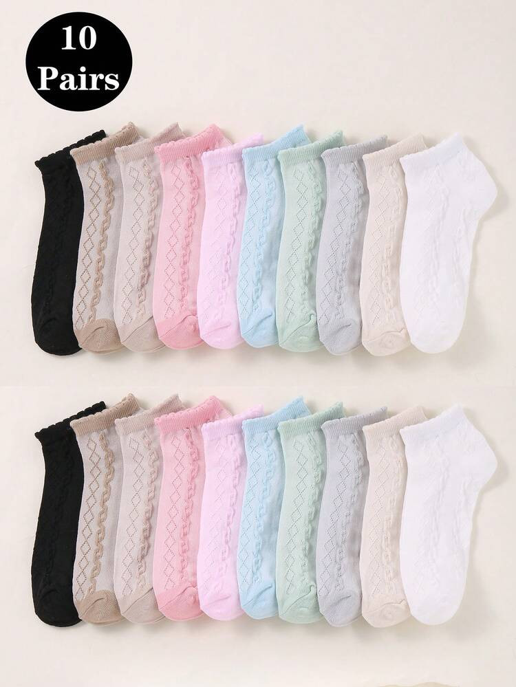 10 Pairs Of Colorful Lace Socks, Thin Summer Sports Socks For Women, Casual And Versatile Hollow Mesh Socks Suitable For Spring, Summer And Autumn | SHEIN