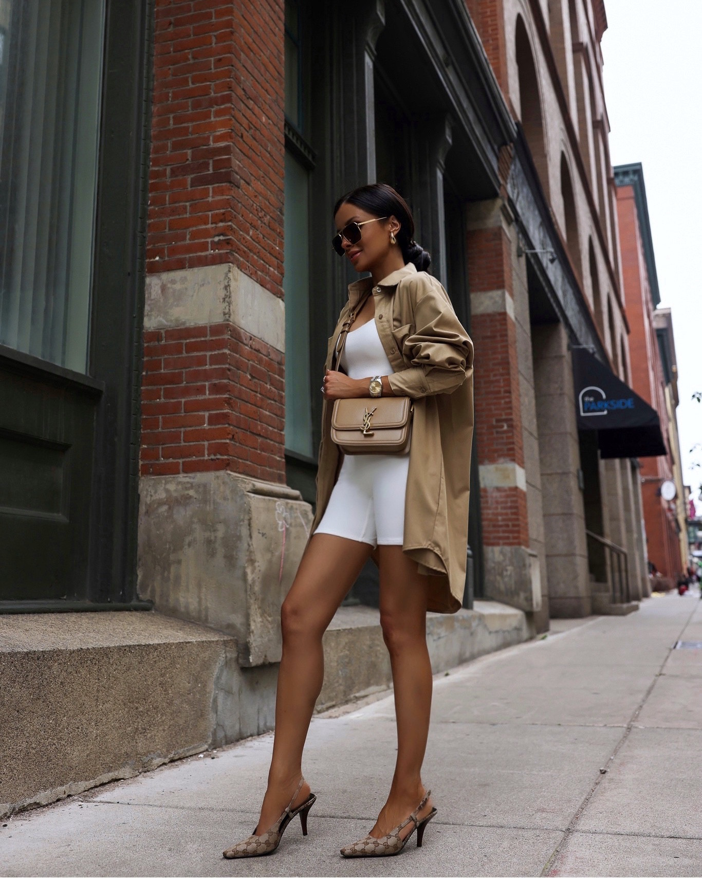 Casual summer outfit ideas 
Nordstrom white romper wearing an XS
Nordstrom oversized camel shirt wearing an XS
Gucci heels run TTS
Saint Laurent Solferino bag



#LTKSeasonal #LTKunder100 #LTKstyletip