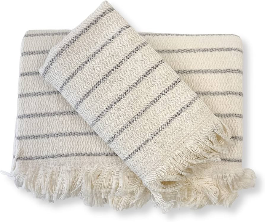 THE LOOMIA Turkish Bath and Hand Towel Set of Two-100% Cotton (Extra Large Size, Creamish Ecru Ba... | Amazon (US)