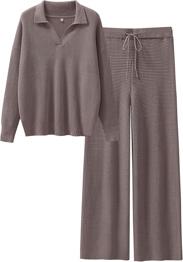 ANRABESS Womens Two Piece Outfits Sweater Sets Waffle Knit Pullover Wide Leg Pants Tracksuit Swea... | Amazon (US)