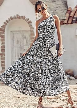 PRETTYGARDEN Women's Floral Summer Dress 2023 Knot One Shoulder Sleeveless Ruffle Hem Flowy Boho ... | Amazon (US)