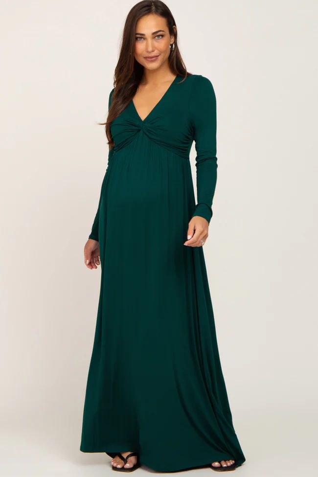 Forest Green Front Twist Long Sleeve Maternity Maxi Dress | PinkBlush Maternity