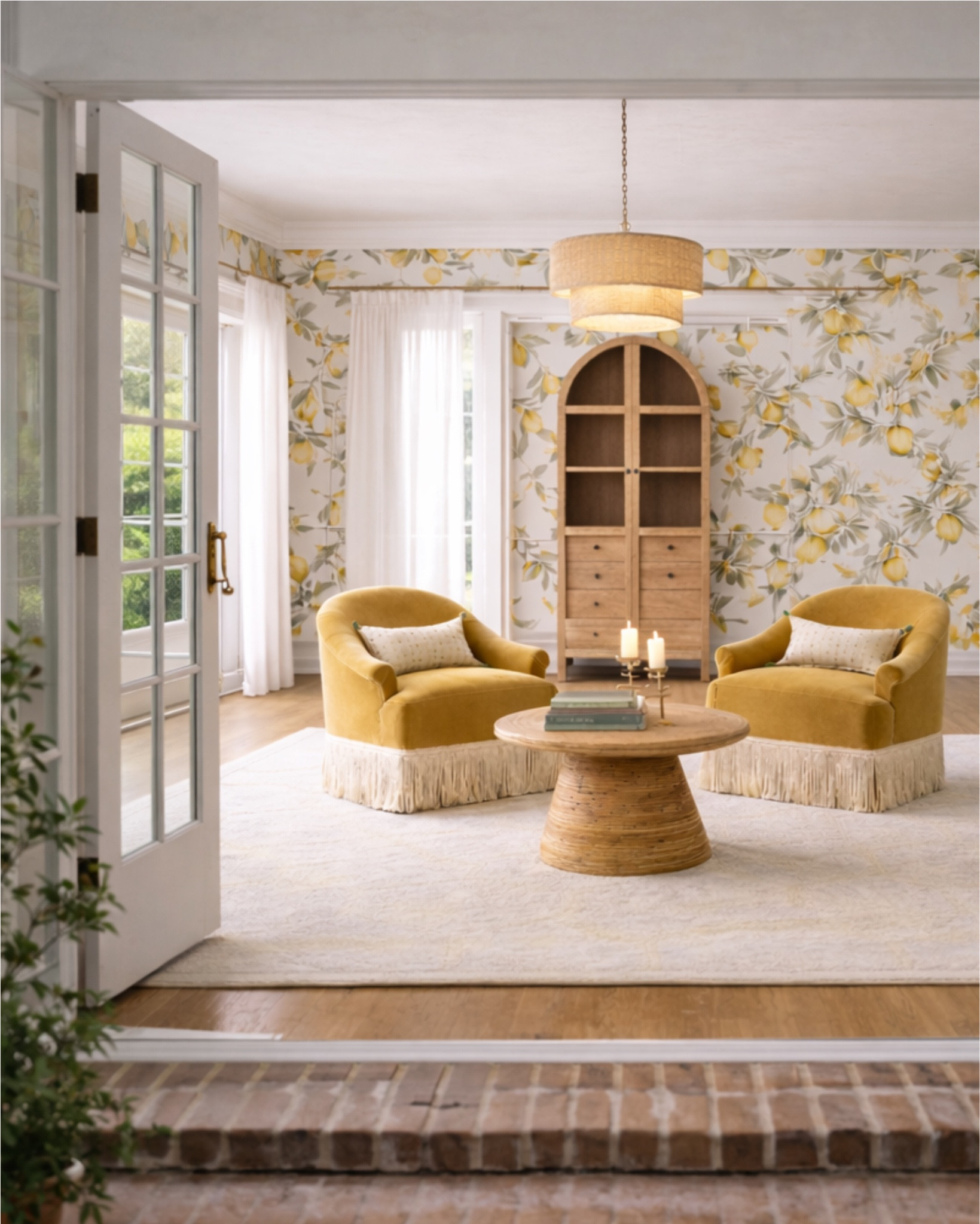 The cocktail room as I call it, how fun is this design!? Love these fringe chairs with the lemon wallpaper 

#LTKdayinmylife #LTKHome #LTKSaleAlert