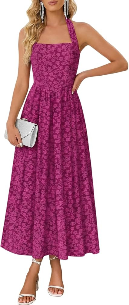 Formal Wedding Guest Jaquard Dresses for Women Bodycon Sleeveless Floral Halter Neck Dress Cockta... | Amazon (US)