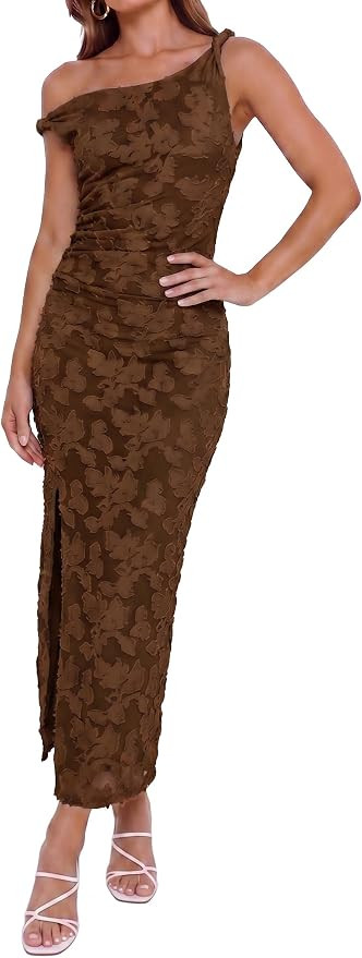 Women's Floral One Shoulder Wedding Guest Midi Dress Ruched Bodycon Sexy Long Cocktail Party Dres... | Amazon (US)