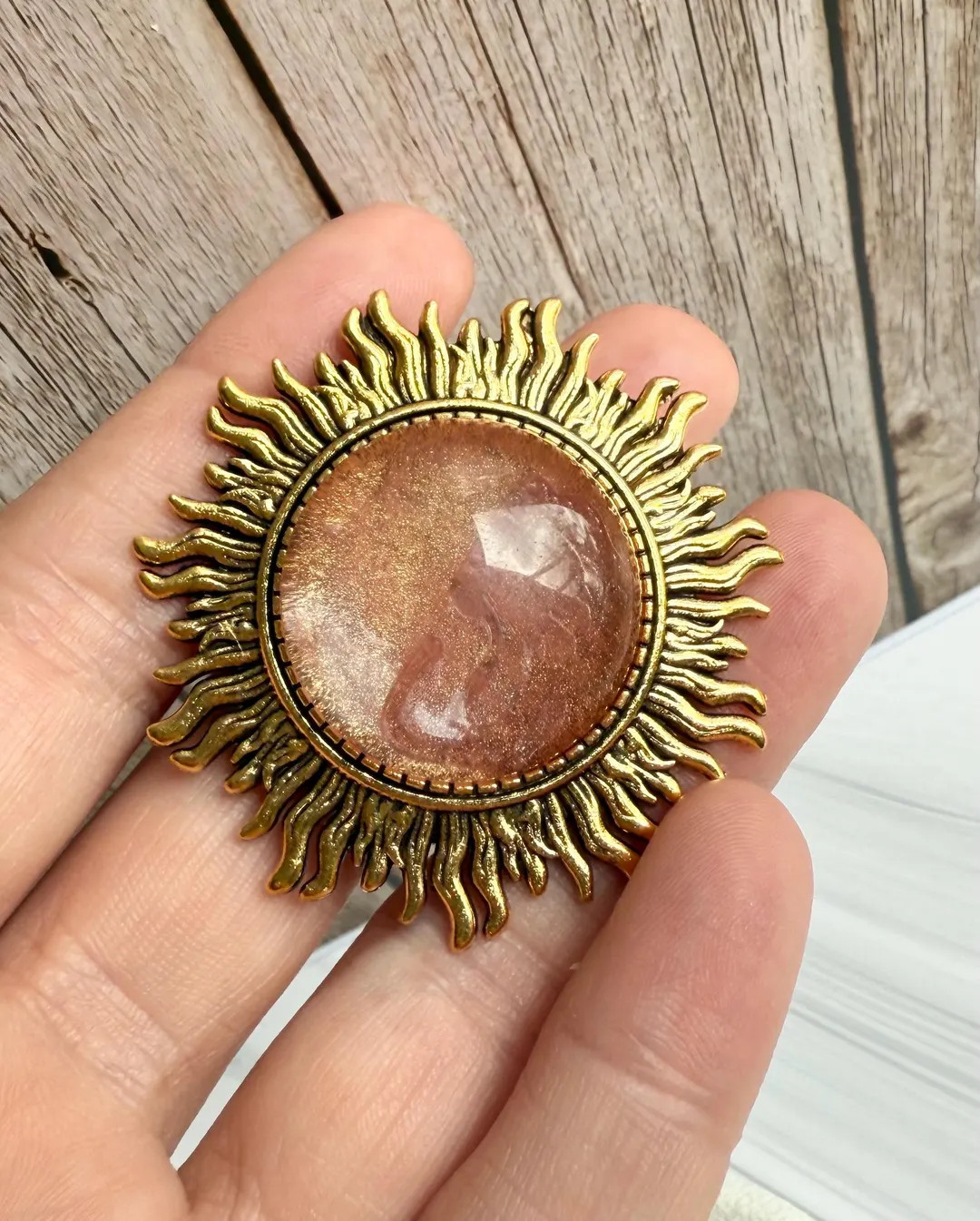 Natural 25mm watermelon quartz stone gold sunburst brooch. Brooch is made from gold coated alloy ... | Etsy (US)