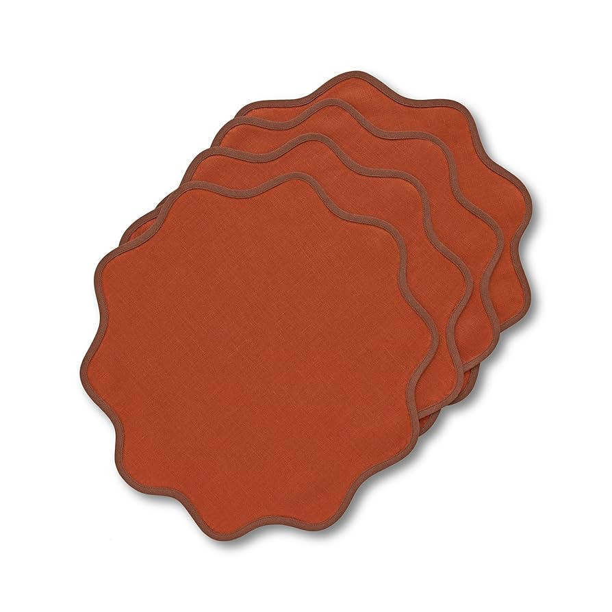 Solino Home Scallop Linen Placemats Set of 4-100% Pure Linen Brown and Cinnamon Round Cloth Place... | Amazon (US)