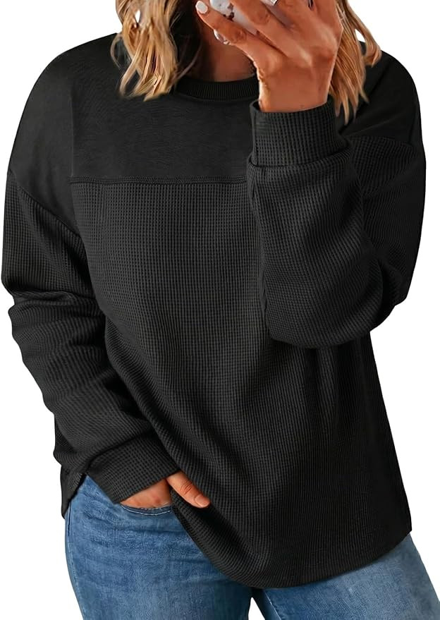 Eytino Womens Plus Size Waffle Knit Sweatshirts | Long Sleeve Crewneck,Waffle Knit Patchwork,Loos... | Amazon (US)