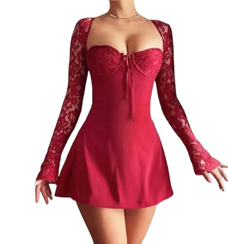 Long Sleeve Lace Mini Dress for Women Sexy Low Cut Going Out Dress Off Shoulder Hollow Floral Hip-Wrapped (red,Small) | Amazon (US)