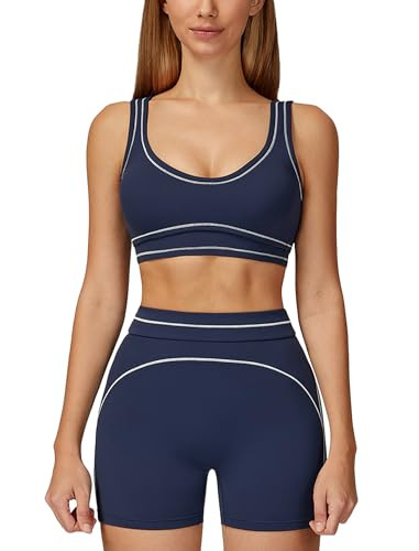 ABOCIW Womens Two Piece Workout Sets U Back Contrast Trim Sports Bra Matching High Waist Shorts 2 Piece Gym Sets Woman Yoga Pilates Outfits Active Wear Athletic Work Out Clothes Navy Small | Amazon (US)