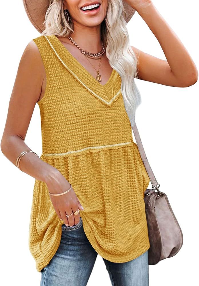 ZOWODO Womens Waffle Knit Sleeveless V Neck Babydoll Peplum Flowy Tank Shirt Blouse Tops | Amazon (US)
