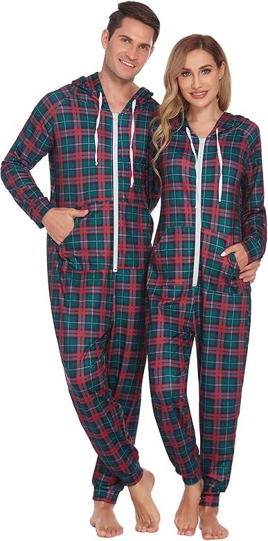 Ekouaer Christmas Onesies Zipper Couple Xmas Pajama Set Long Sleeve One Piece Sleepwear with Pock... | Amazon (US)