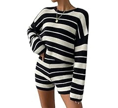 Verdusa Women's 2 Piece Outfit Striped Knitted Long Sleeve Sweater Top and Lounge Shorts Sets | Amazon (US)