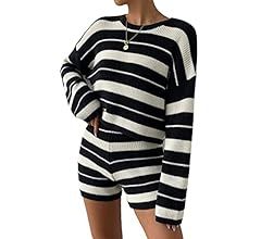 Verdusa Women's 2 Piece Outfit Striped Knitted Long Sleeve Sweater Top and Lounge Shorts Sets | Amazon (US)