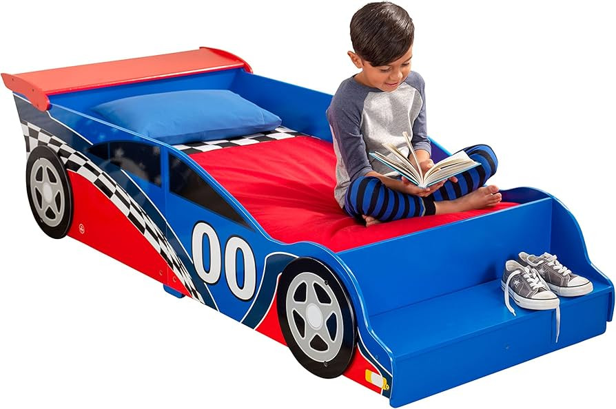 KidKraft Wooden Racecar Toddler Bed with Built-in Bench & Bed Rails - Red & Blue | Amazon (US)