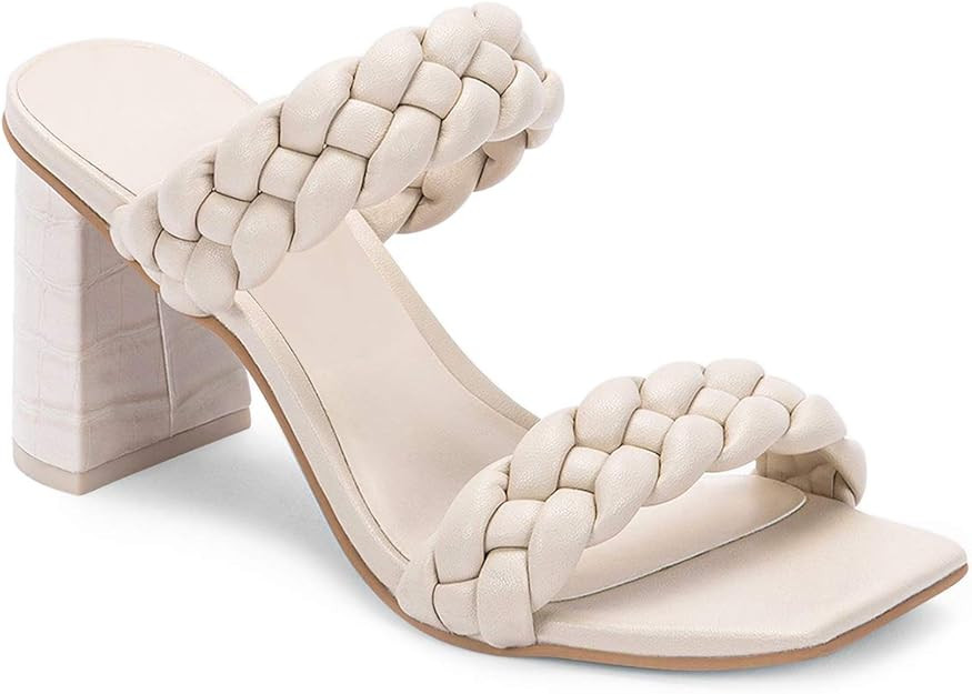 Womens Braided Heeled Sandals Backless Square Open Toe Block Strappy Slip On Slide Shoes | Amazon (US)