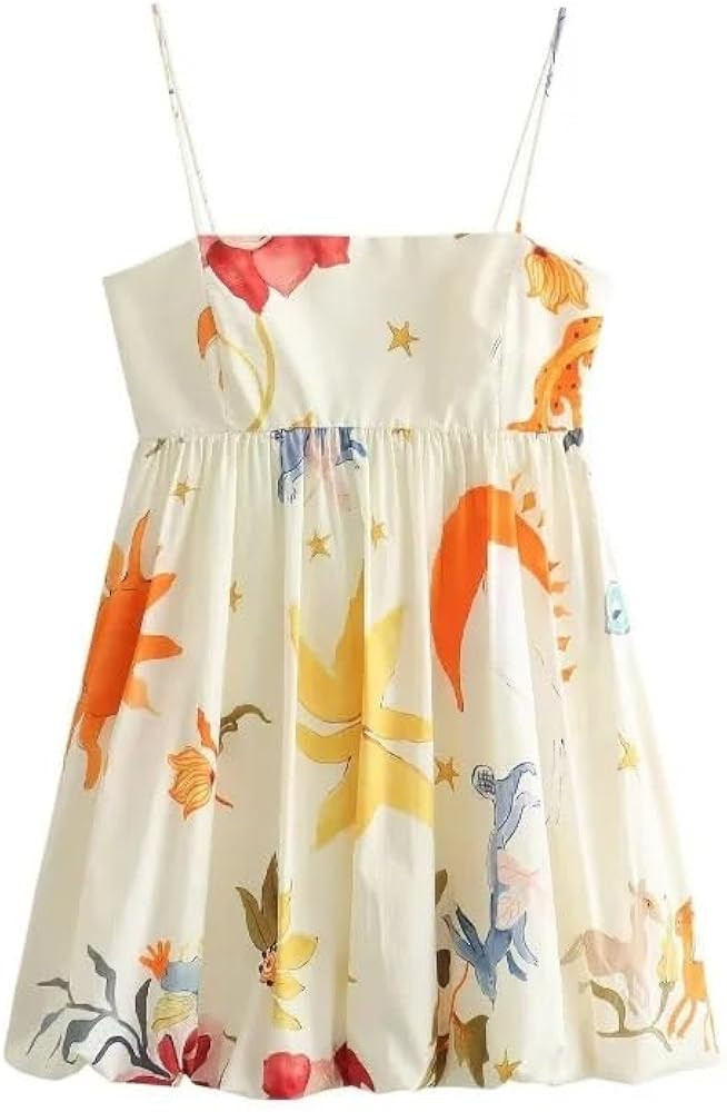 Women's Print Mini Dress Suspender Zip Straight Neckline Spaghetti Straight Straps Beach Skirt | Amazon (US)