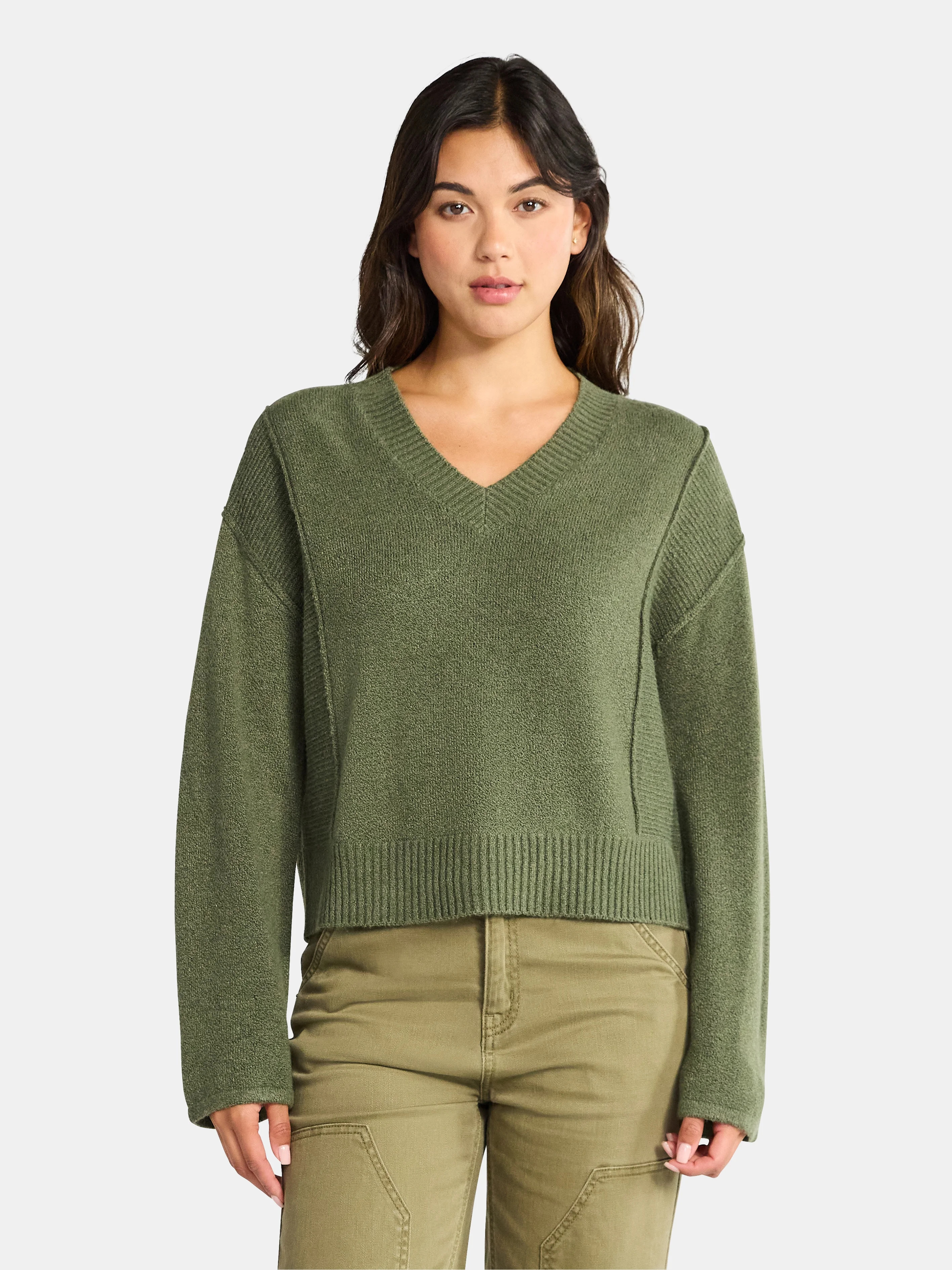 Time and Tru Women's Ribbed V Neck Sweater, Lightweight, Sizes XS-XXXL - Walmart.com | Walmart (US)