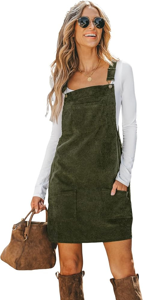CUPSHE Women Corduroy Fall Dresses Front Bib Pocket Square Neck Wide Strap Casual Overall Mini Dr... | Amazon (US)