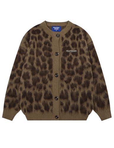Aelfric Eden Leopard Print Cardigan Sweaters for Women Oversized Cheetah Y2k Crewneck Button Down Long Sleeve Cardigans Coffee | Amazon (US)