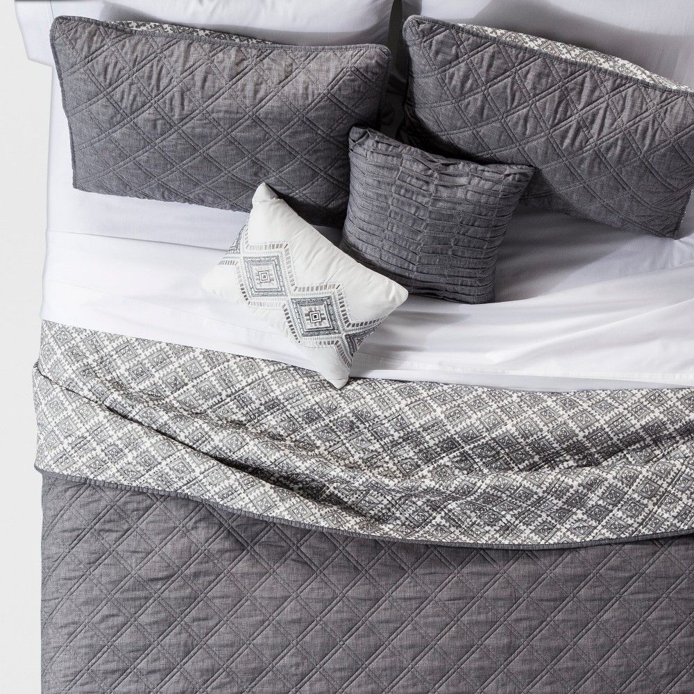 Gray Cole Stitched Chambray Reversible Quilt Set Full/Queen 5pc, Adult Unisex | Target