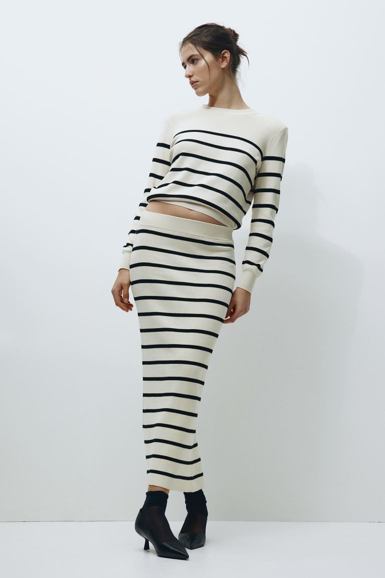 Rib-knit skirt - Cream/Black striped - Ladies | H&M GB | H&M (UK, MY, IN, SG, PH, TW, HK)