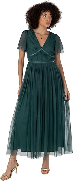 Anaya with Love Damen Women's Ladies Midaxi Dress V-Neck Short Flutter Sleeve Ribbon A-line Tulle... | Amazon (DE)
