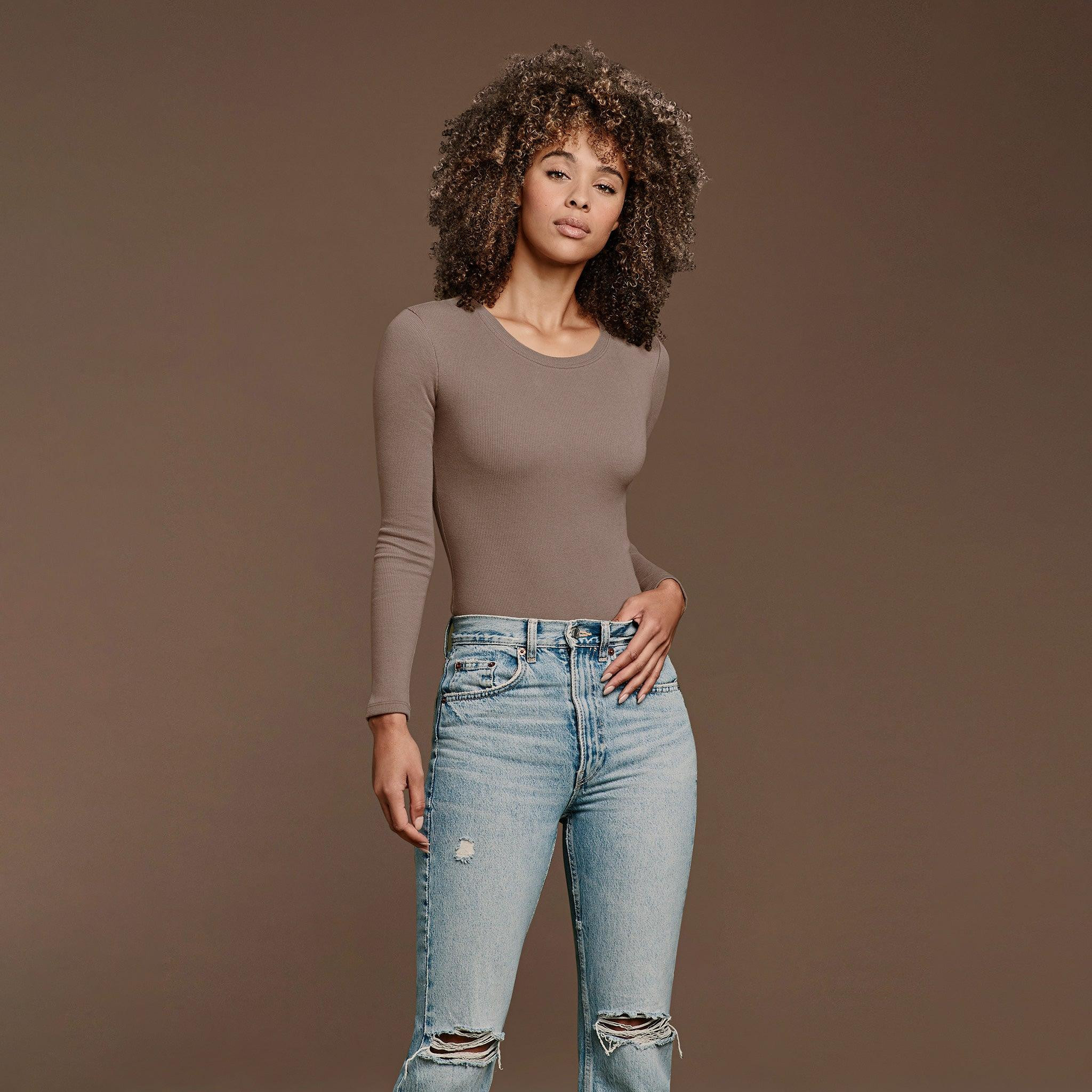 Women's Long Sleeve Ribbed Crewneck Bodysuit | nuuds