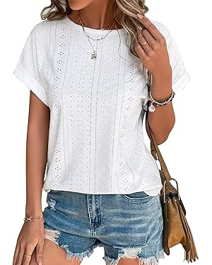 Bliwov Womens Tops 2025 Casual Crew Neck Eyelet Embroidery Summer Blouse Cap Sleeve Loose Trendy ... | Amazon (US)