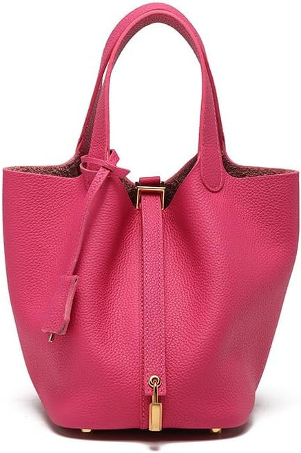 Gaeul Women's Handbag Leather Lychee Pattern Top Vegetable Basket with Lock Bucket Bag Solid Colo... | Amazon (US)