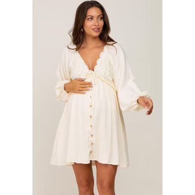 PinkBlush Beige Crochet Lace Button Front Maternity Dress | Target