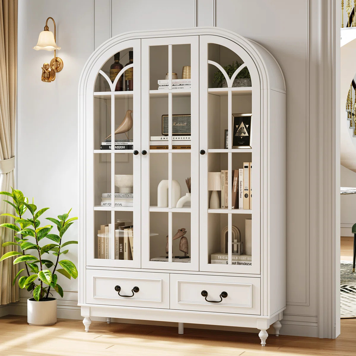 67" Tall Arched Bookcase With Glass Doors, 4-Tier Display Cabinet With Adjustable Shelves, White | Wayfair North America