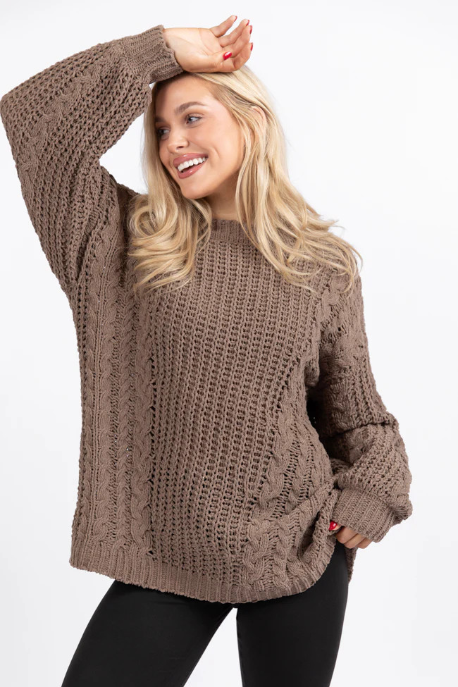 Wide Open Spaces Mocha Oversized Chenille Crew Neck Sweater DOORBUSTER | Pink Lily