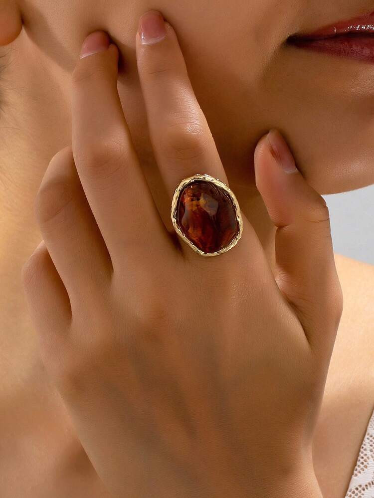 1pc Vintage French Asymmetrical Resin Inlaid Ring, Minimalist Luxury Niche Design Jewelry For Wom... | SHEIN