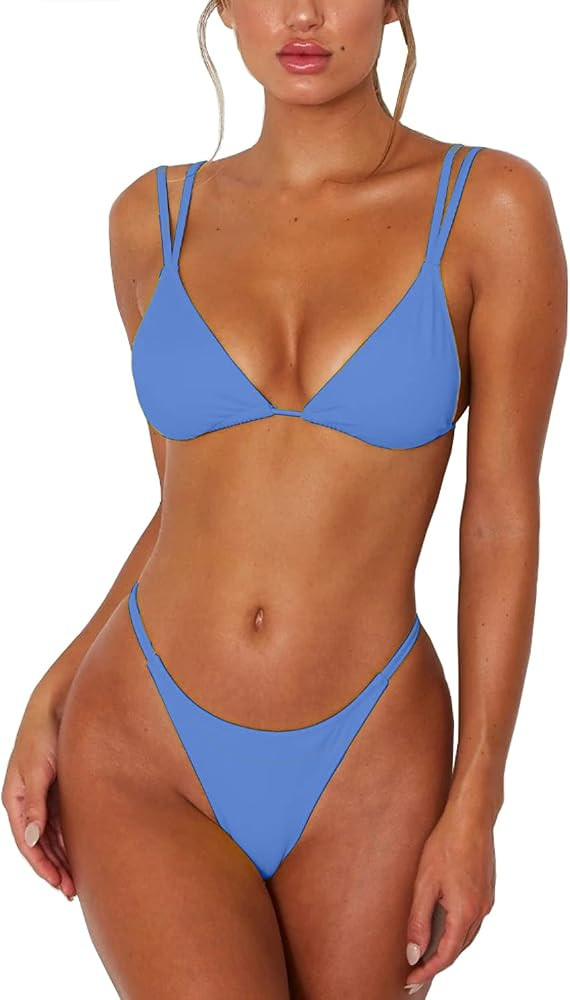 Women's Sexy Thong Bottom Two Piece Bikini Double Shoulder Straps Cute Swimsuit Triangle Bathing ... | Amazon (US)