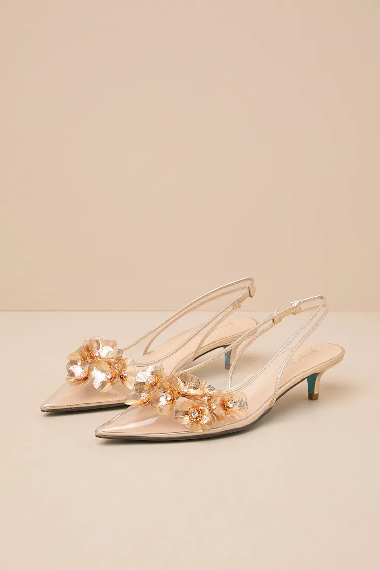 SB-Robin Gold Vinyl Floral Applique Slingback Kitten Heel Pumps | Lulus