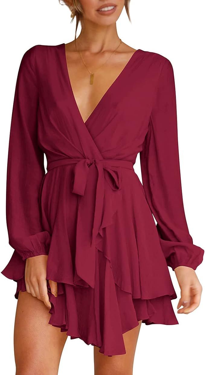 Cosonsen Womens Short Dress Deep V-Neck Long Sleeve Bow Tie Waist Flare Mini Dress Burgundy L at ... | Amazon (US)
