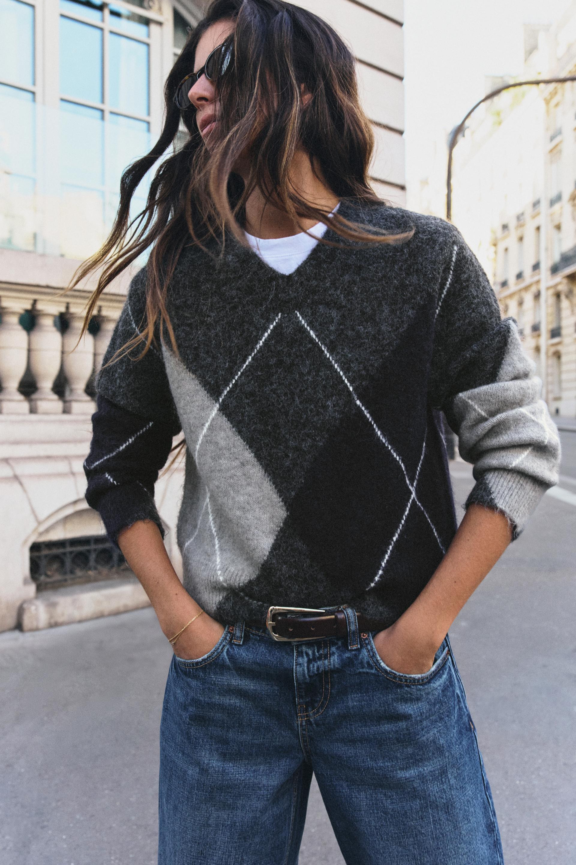 Zara - Brushed-Effect Argyle Jumper - Grey / Blue - S - Woman | Zara UK