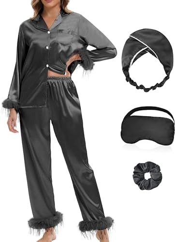 MORFORU Satin Pajama Set for Women Feather Trim Long Sleeve Pjs with Sleep Mask Headband Scrunchi... | Amazon (US)