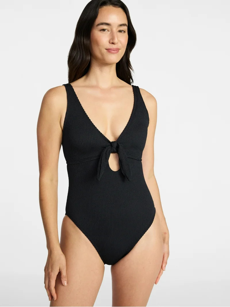 Time and Tru Women's and Women's Plus Size Crinkle Plunge Tie Front One Piece Swimsuit, Sizes XS-... | Walmart (US)