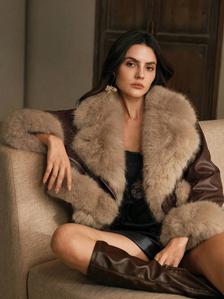 Anewsta Women's Brown Contrast Color Lapel Fluffy Elegant Short PU Leather Jacket With Thermal Li... | SHEIN