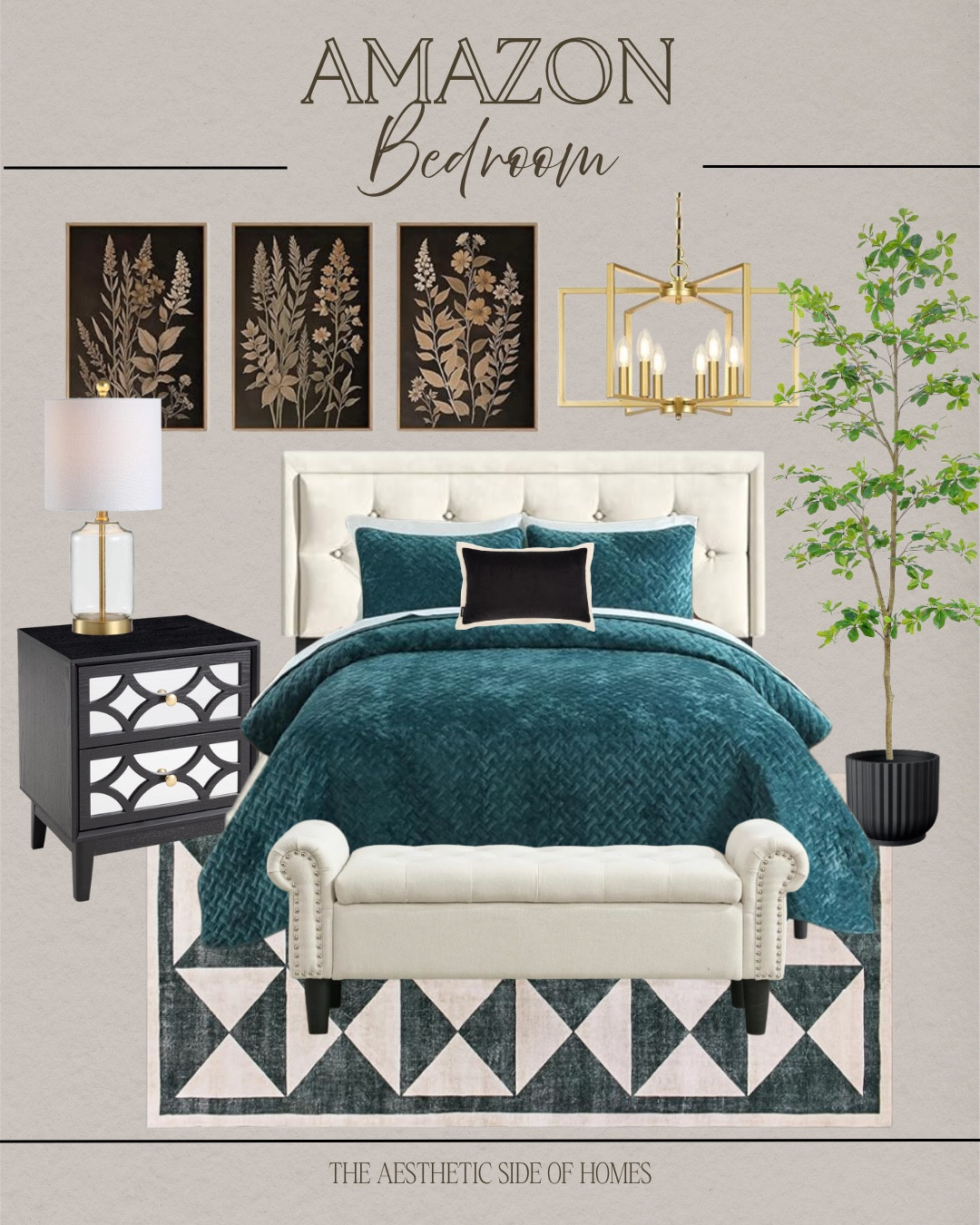 Amazon styled bedroom includes area rug, tufted bench, comforter, throw pillows, bed frame, planter, faux tree, nightstand, table lamp, wall art, chandelier.

Home decor, looks for less, bedroom decor, styled bedroom

#LTKHome #LTKvlog #LTKSeasonal