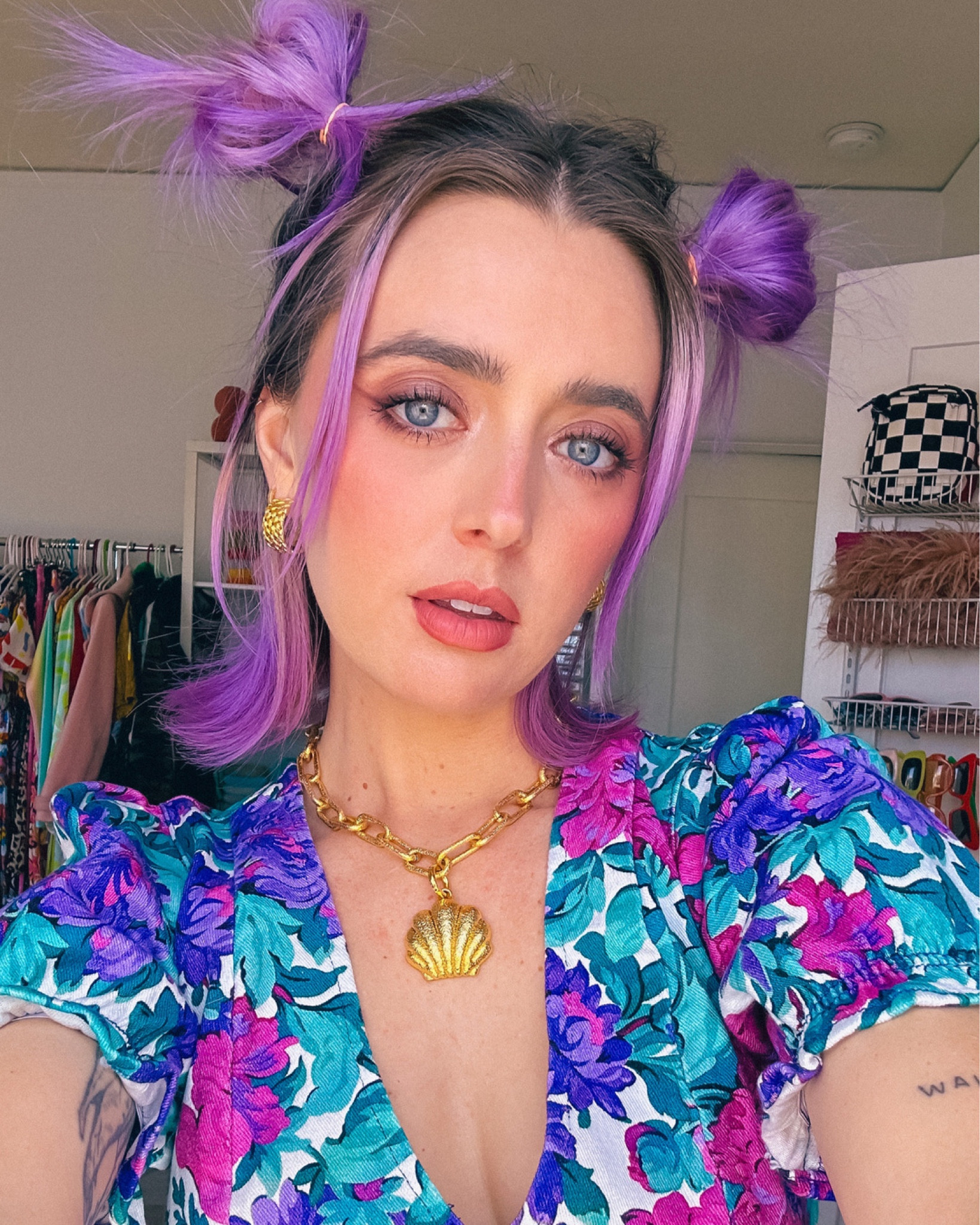 💜🦄🌈✨ 

Champagne wears a multi colored floral denim dress from Show me your mumu, with purple dyed hair and gold earrings and gold shell necklace.

Maximalist maximalism colorful dopamine dressing beauty vibrant color flowers beach 

#LTKparties #LTKSeasonal #LTKHoliday